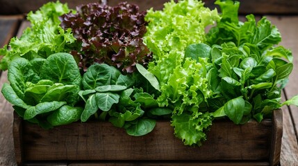 Obraz premium Gather fresh green leaves mix (lettuce, spinach, arugula, etc.)