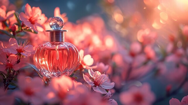 Use manual focus to ensure the perfume bottle is sharp and stands out against the floral background.