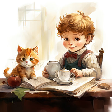Watercolor vintage illustration for a children's book about two friends - a boy and a cat