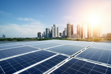 Solar panels on the rooftop of a building with a cityscape in the background