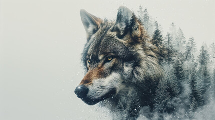 double exposure, wolf, wintery forest