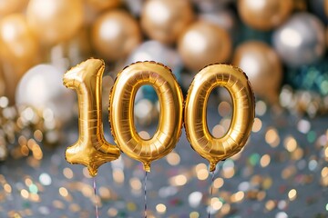100. Jubiläum, 100. Geburtstag, "100" aus goldenen Heliumballons vor festlichem Hintergrund