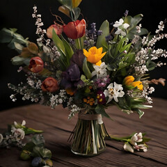 colorful spring flowers in a glass vase on a wooden table with black background