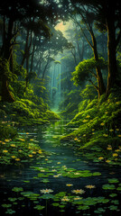 A painting of a stream running through a forest, a storybook illustration, fantasy art, poster art.