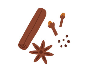 Hand drawn cinnamon stick, star anise and cloves in cute flat style, vector illustration isolated on white background. Aromatic autumn and winter spices.