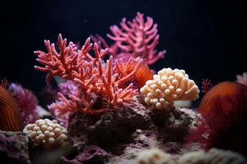 A coral garden featuring exclusive shapes and textures, highlighted by a deep black background