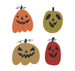 Spooky Halloween pumpkins set in cartoon flat style, vector illustration isolated on white background. Hand drawn jack o lanterns with scary faces. Autumn decoration.
