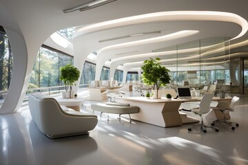 The interior of a futuristic office