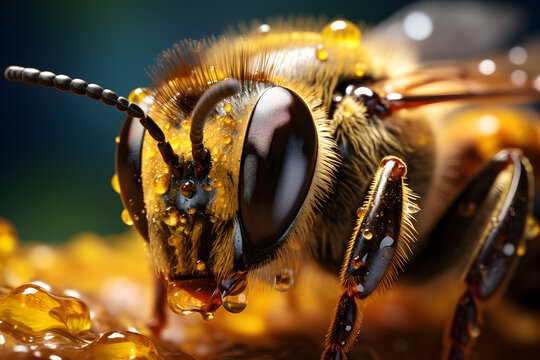 close up of a bee with water drops on its face