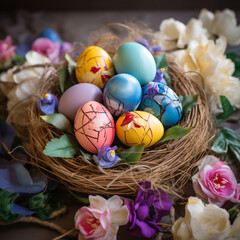 Chocolate Easter eggs in a bird's nest, extremely shiny, brightly painted, very rainbow-colored. Design illustration 3D concept.