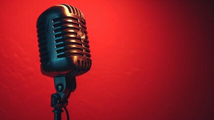 Vintage Microphone With Red Background - Classic Recording Equipment