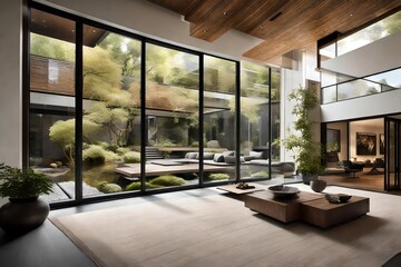 A contemporary house with floor-to-ceiling windows, seamlessly blending indoor and outdoor spaces, leading to a backyard oasis with a zen garden and water feature.