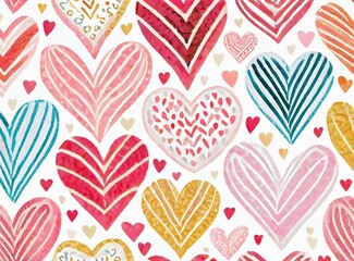 Colorful hand drawn hearts pattern design on white background illustration