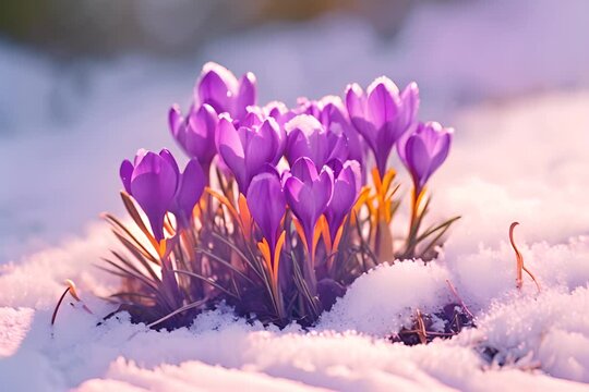 first spring flowers purple crocuses  growing through snow outdoors	
