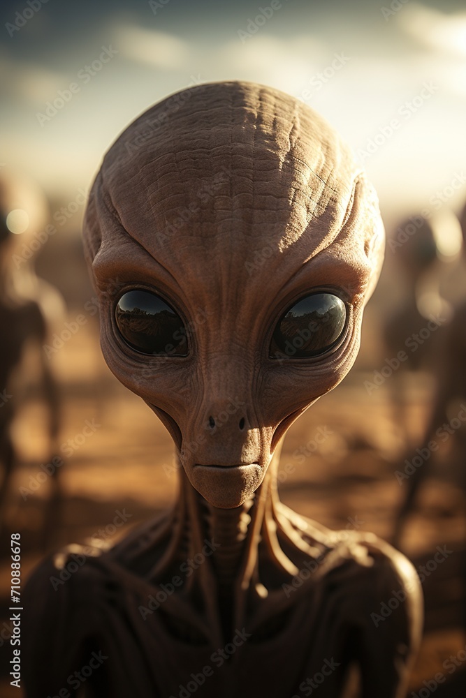 Poster an alien staring at the camera with many aliens in the background