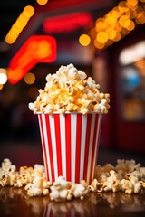 A red and white striped popcorn bucket with a lot of popcorn in it