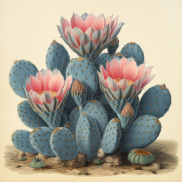Opuntia ficus-indica, fig opuntia or prickly pear, cactus grown as a fruit crop and ornamental plant, vintage style illustration