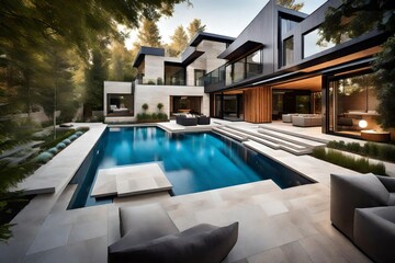 Fototapeta premium An architectural masterpiece with a blend of modern and traditional elements, complemented by a backyard featuring a geometric swimming pool and artistic landscaping.