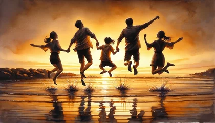 Zelfklevend Fotobehang Five people joyfully jumping over a sunset beach reflection. © S photographer