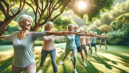 A group of seniors joyfully practicing tai chi in a sunlit park. - obrazy, fototapety, plakaty