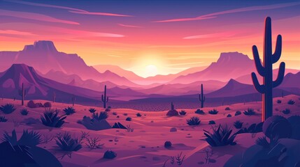 Panoramic views showcase mountains and cacti, creating a charming and picturesque image of a tranquil desert landscape. Flat cartoon style.