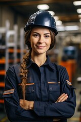 portrait of a female industrial worker wearing a hardhat