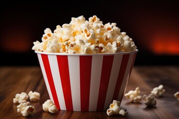 A red and white striped container filled with popcorn sits on a wooden table.
