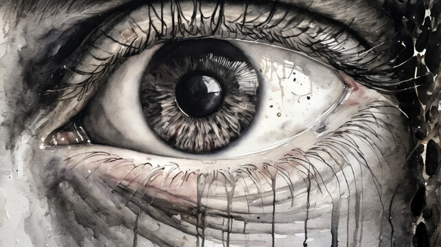 watercolor black and white pencil drawing of a crying eyes