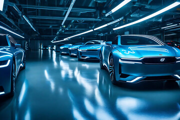 In a futuristic garage, a row of self-driving cars waits patiently for their next mission. The soft hum of electric engines and the subtle glow of ambient lights create an otherworldly atmosphere. The - obrazy, fototapety, plakaty