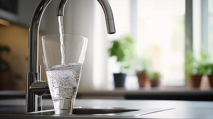 Filling up a glass with clean drinking water from kitchen faucet. Safe to drink tap water.  - obrazy, fototapety, plakaty