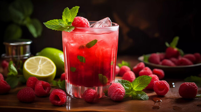 Fresh homemade cocktail with raspberry and strawberry. Drink with fruits and mint 