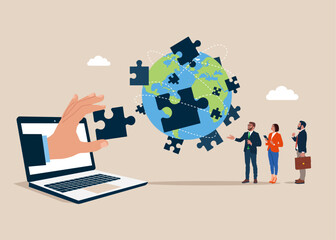 Teamwork and partnership on world map across globe. Charity, volunteer. Unity, team business. Flat vector illustration © Vadym