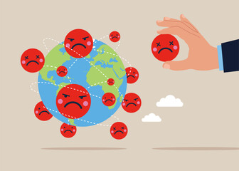 Sad emoticon, no happiness on world map across globe. Negative attitude. Flat vector illustration