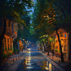 oil painting of Nostalgic street lights shining through oleaguum trees at night in Istanbul. Romantic city scape.	