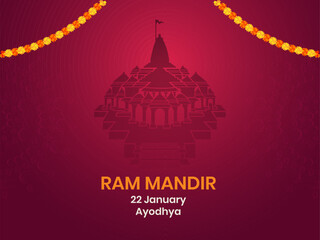 Ram Mandir Temple Illustrated with Flower and Gradient Background