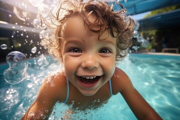 Fototapeta na wymiar Ecstatic curly-haired kid having fun in the swimming pool