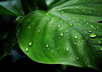 Obraz premium Close-up of a giant green leaf with water drops