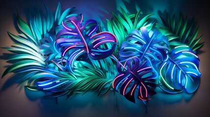 Fototapeta na wymiar Green and Blue Neon Light with Tropical Leaves 