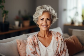 Portrait of a smiling mature woman with short gray hair - obrazy, fototapety, plakaty
