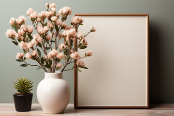 a white vase with pink flowers in it next to a framed picture