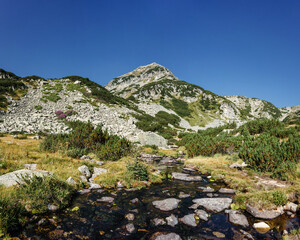 Muratov peak, a small mount in Pirin, and a stream flowing from Muratovo lake. Summer landscape in Pirin national park near Bansko, Bulgaria.