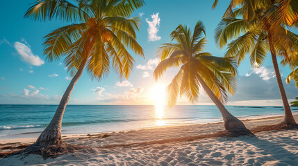 beach with palm trees at sunset