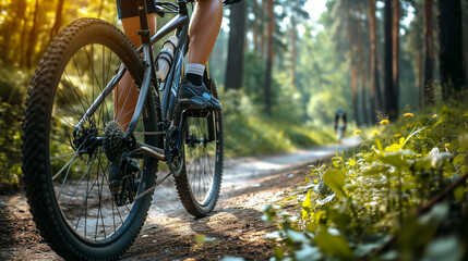 Close-up of a mountain bike in a park. man riding on forest trails. - obrazy, fototapety, plakaty