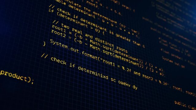 Developer working on program code. Hack or protection data. Website scripts digits and commands at computer screen. Modern hi-tech software development and blockchain concept. 3D technology background