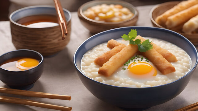 Chinese porridge breakfast set, fried dough sticks, white porridge