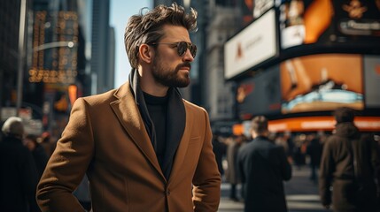 Bearded man in brown coat looking away from the camera in the middle of a busy street - obrazy, fototapety, plakaty