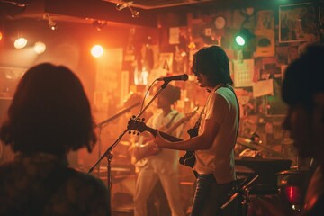 A rock band plays a live performance in a small club in Tokyo, Japan. 