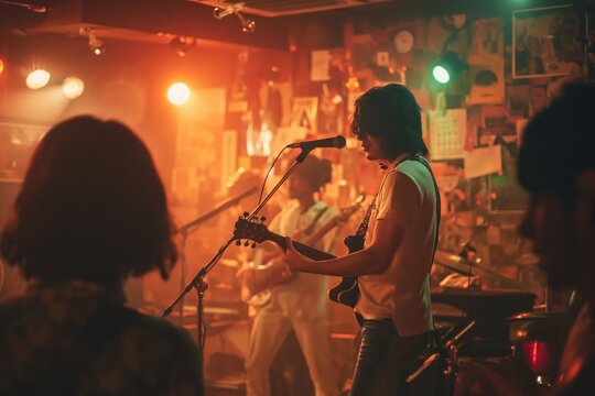 A rock band plays a live performance in a small club in Tokyo, Japan. 
