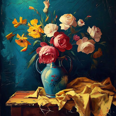 Oil painting of colorful roses and spring flowers in a blue vase on wooden table with black and blue textured background on canvas	