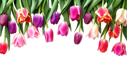 Colorful blooming tulips border. Blooming tulips of different colors isolated on transparent background. Mothers day, Valentines Day, Birthday celebration concept. Greeting card